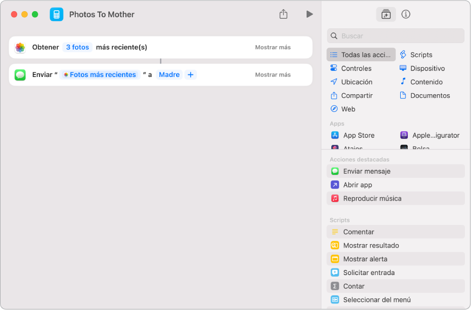 Atajo que contiene una acción Fotos más recientes y una acción Enviar mensaje.