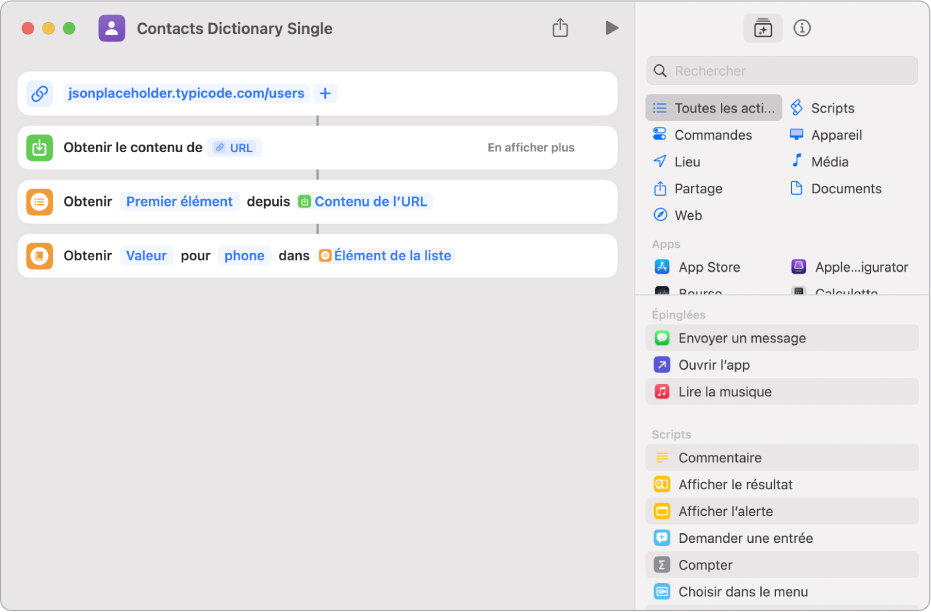 Action « Obtenir la valeur du dictionnaire » dans l’éditeur de raccourcis avec la clé définie sur « phone ».