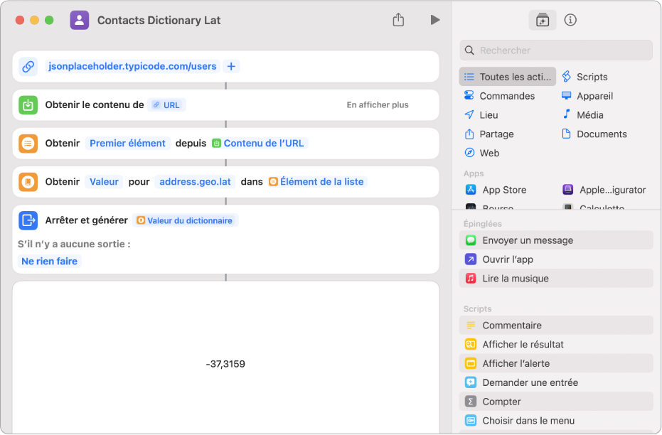 Action « Obtenir la valeur du dictionnaire » dans l’éditeur de raccourcis avec la clé définie sur « address.geo.lat ».