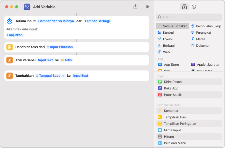 Tindakan Atur Variabel dan Tambahkan ke Variabel di editor pintasan.