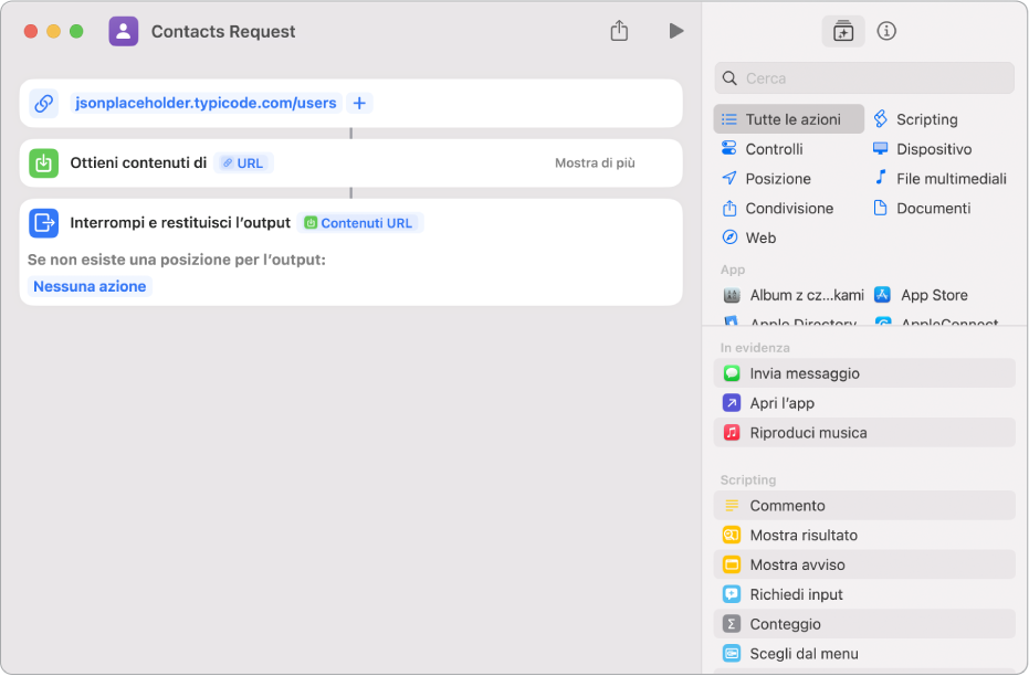 Una richiesta di un'API che contiene un'azione URL che indica l'endpoint dell'API, seguita da un'azione “Ottieni contenuti dell'URL”.
