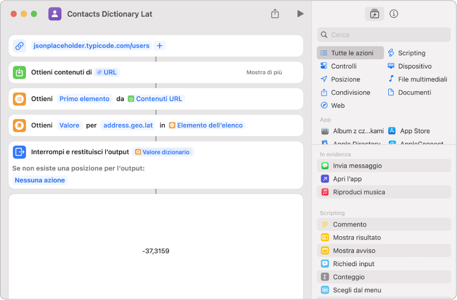 Azione “Ottieni valore dizionario” nell'editor di comandi rapidi con la chiave impostata su indirizzo.geo.lat.