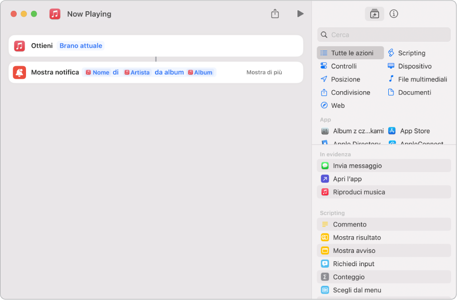 Azione “Mostra notifica” nell'editor di comandi rapidi e l'avviso “In riproduzione” di Music chiamato dall'azione “Mostra notifica”.