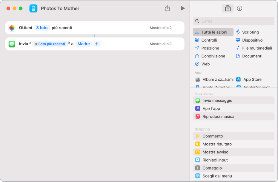 Comando rapido che contiene un'azione “Ottieni le foto più recenti” e un'azione “Invia messaggio”.