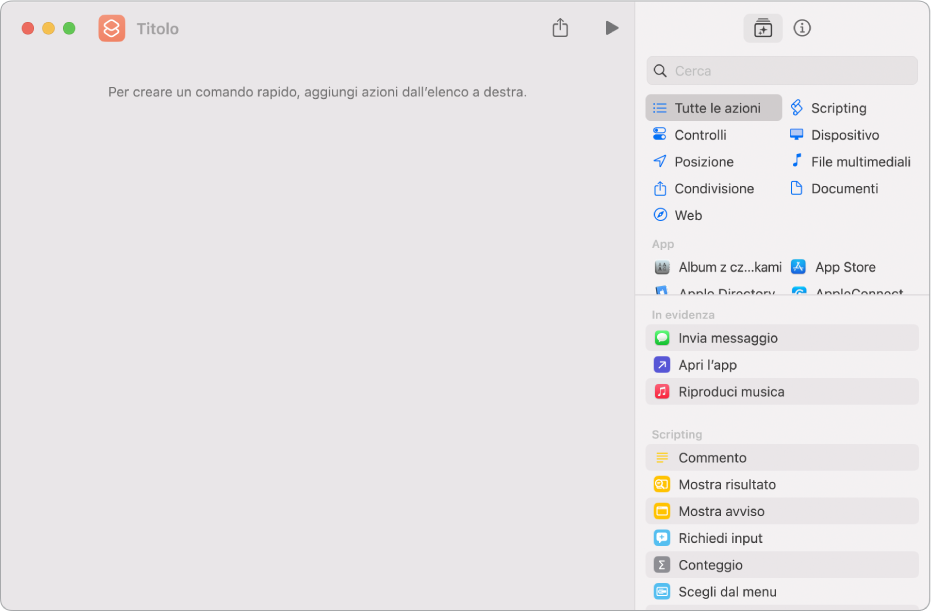Editor di comandi rapidi vuoto sul Mac.