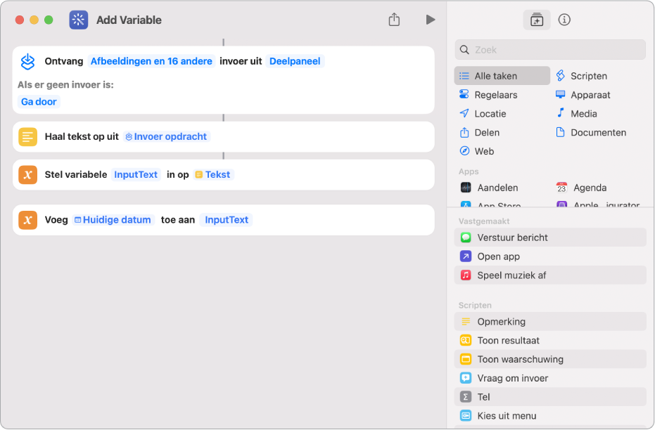 De taken 'Stel variabele in' en 'Voeg toe aan variabele' in de opdrachteneditor.