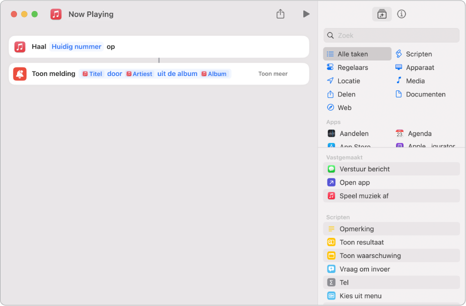 De taak 'Toon melding' in de opdrachteneditor en de melding 'Music Now Playing', zoals aangeroepen met de taak 'Toon melding'.