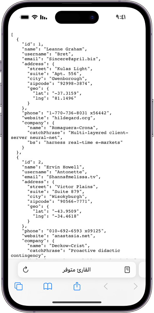 مثال لبيانات JSON.