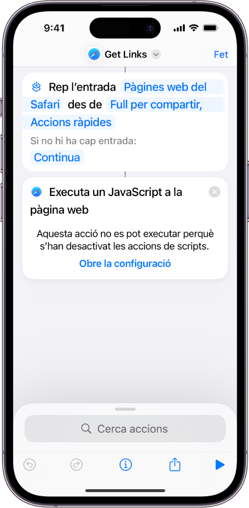 L’acció “Executa JavaScript a la pàgina web” a l’editor de dreceres.