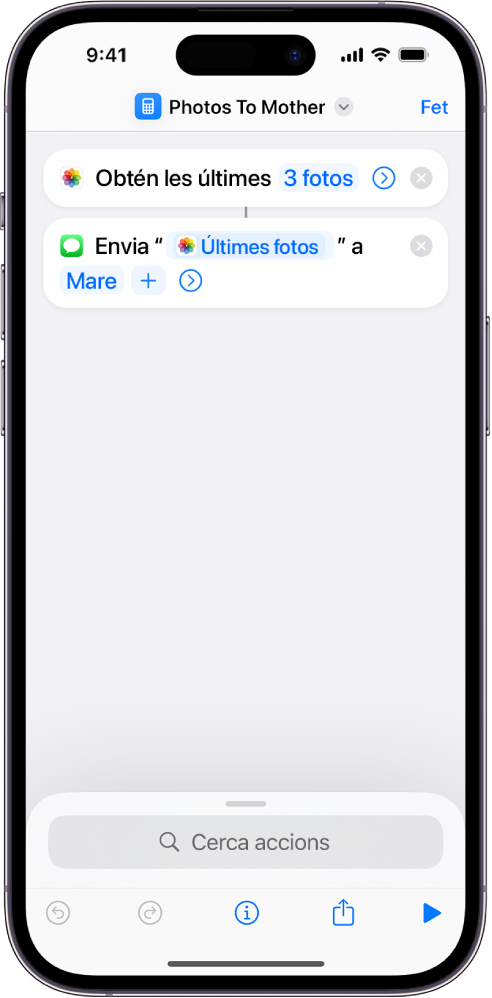 Drecera que conté una acció “Obtén les últimes fotos” i una acció “Envia un missatge”.
