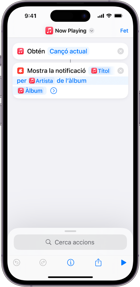 L’acció “Mostra la notificació” a l’editor de dreceres i l’avís “S’està reproduint” de l’app Música cridades per l’acció “Mostra la notificació”.