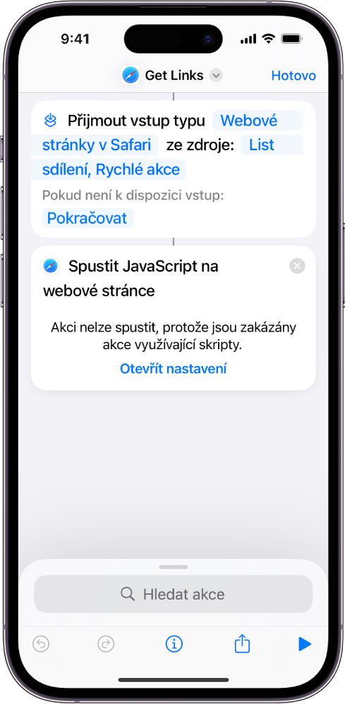 Akce „Spustit JavaScript na webové stránce“ v editoru zkratek