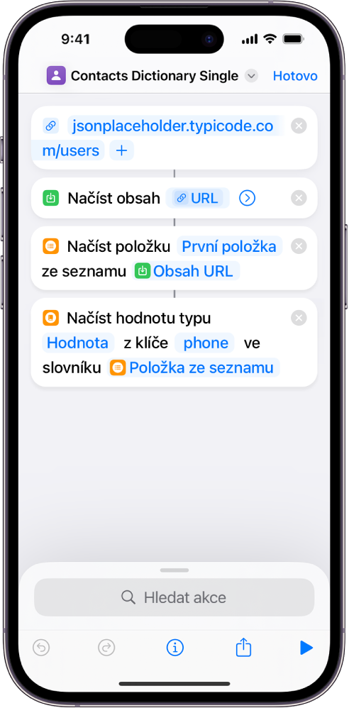 Akce „Načíst hodnotu ze slovníku“ v editoru zkratek s klíčem nastaveným na „telefon“