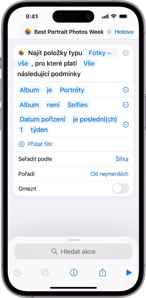 Akce Fotky splňující podmínku v editoru zkratek