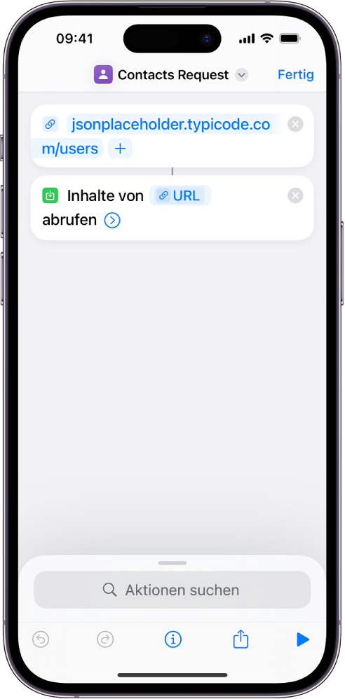 Eine API-Anforderung mit einer URL-Aktion, die auf den API-Endpunkt verweist, gefolgt von einer Aktion „Inhalte von URL abrufen“.