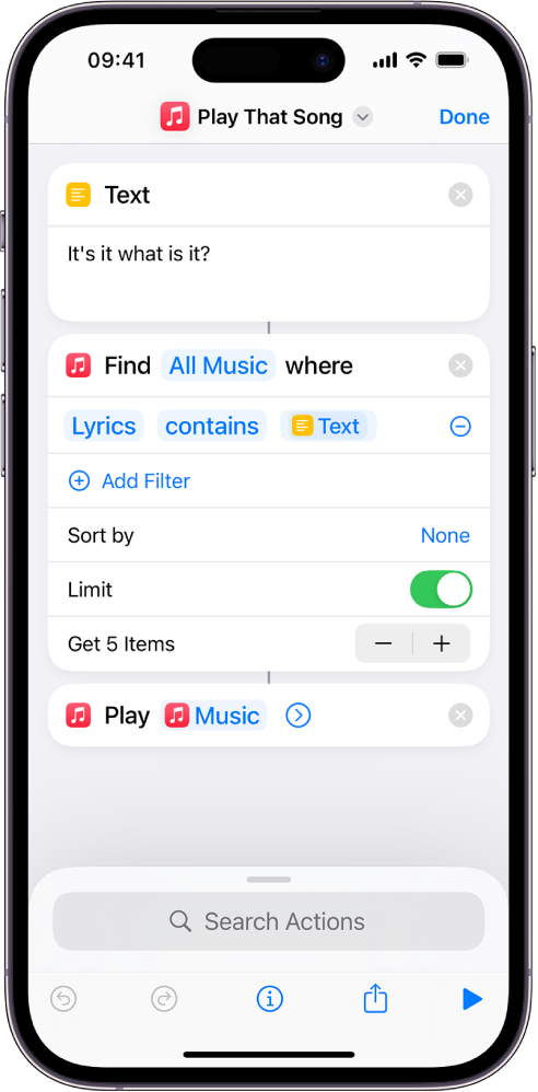 Ask Each Time variable replacing the Repeat parameters in the Play Music action in the shortcut editor.