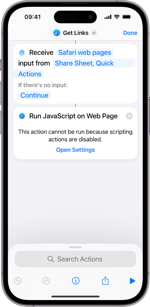 The Run JavaScript on Web Page action in the shortcut editor.