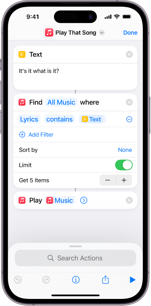 Ask Each Time variable replacing the Repeat parameters in the Play Music action in the shortcut editor.