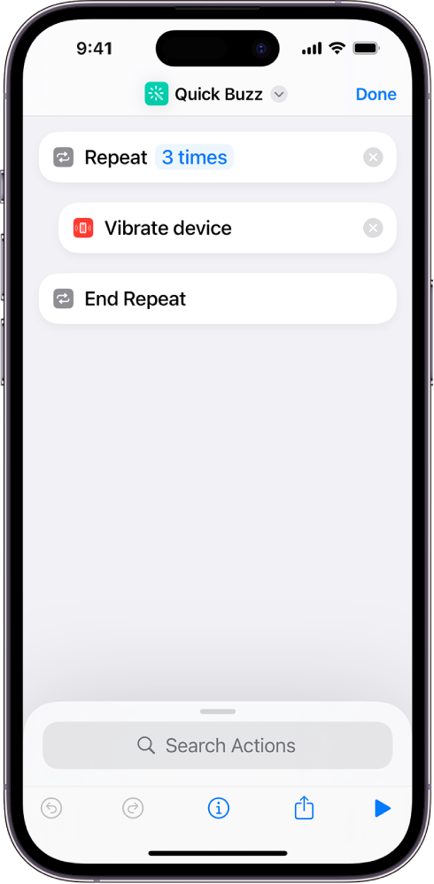 Vibrate Device action set to repeat three times.