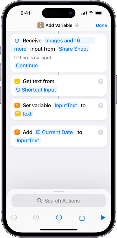 Set Variable and Add to Variable actions in shortcut editor.