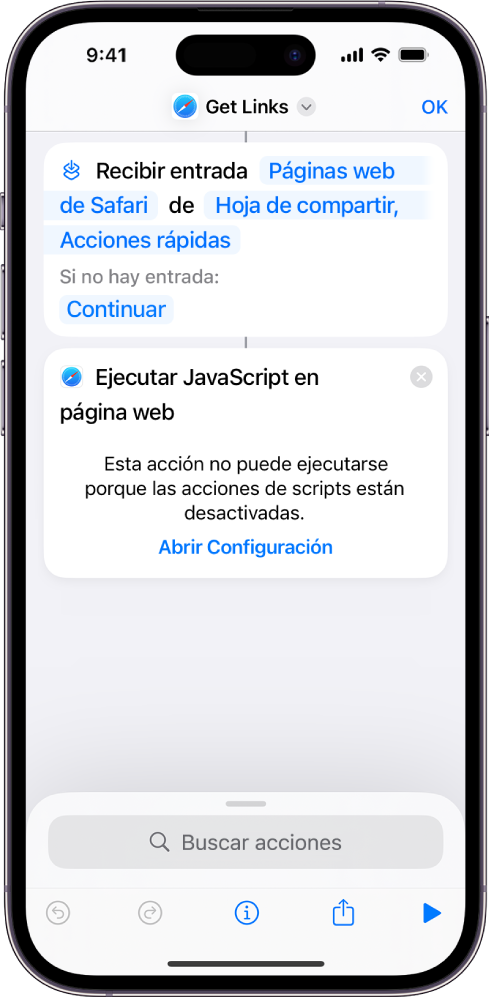 La acción "Ejecutar JavaScript en página web" en el editor de atajos.