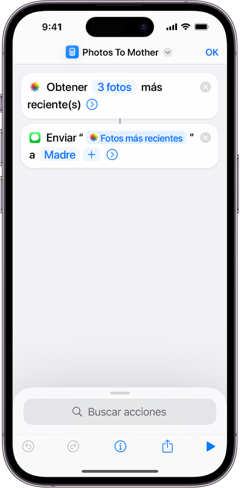 Un atajo que contiene una acción Fotos más recientes y una acción Enviar mensaje.