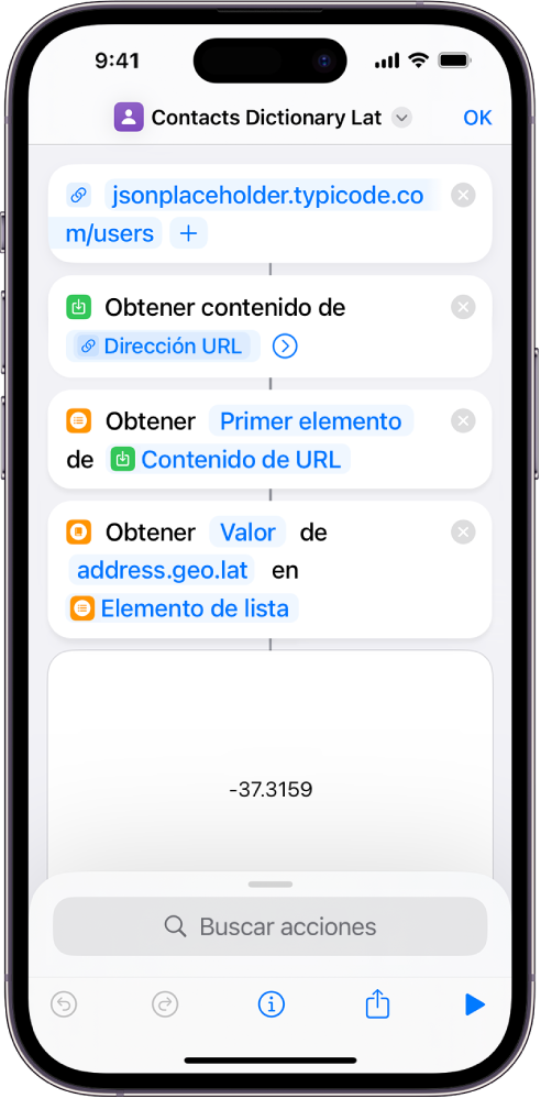 La acción “Obtener valor del diccionario” en el editor de atajos con la clave "address.geo.lat." seleccionada.