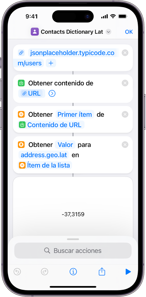 Acción “Obtener valor del diccionario” en el editor de atajos con la clave ajustada como dirección.geo.lat.