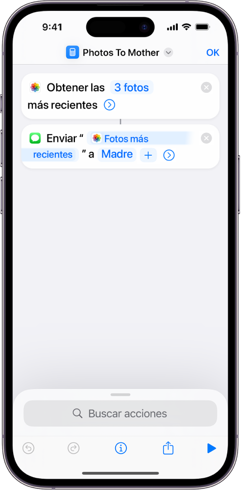 Atajo que contiene una acción “Obtener las fotos más recientes” y una acción “Enviar mensaje”.