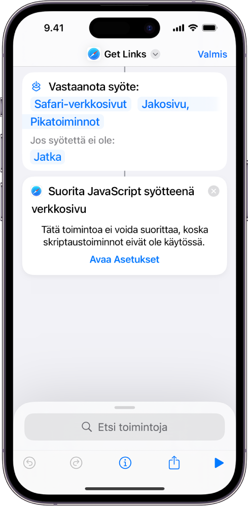 Suorita JavaScript verkkosivulla -toiminto pikakomentoeditorissa.