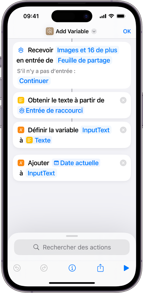 Actions Définir une variable et Ajouter à la variable dans l’éditeur de raccourcis.