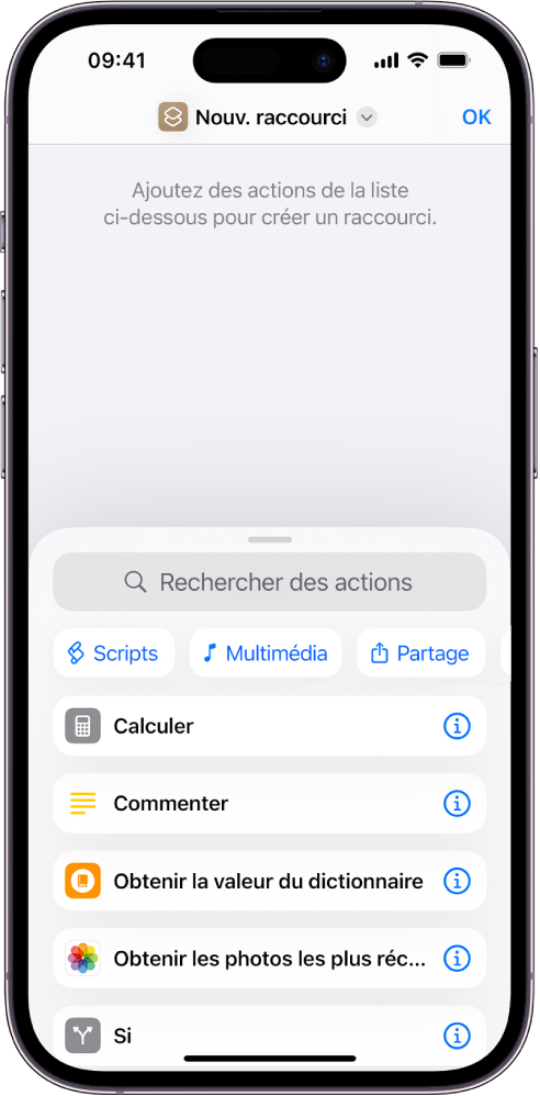 Éditeur de raccourcis vide sur un iPhone.