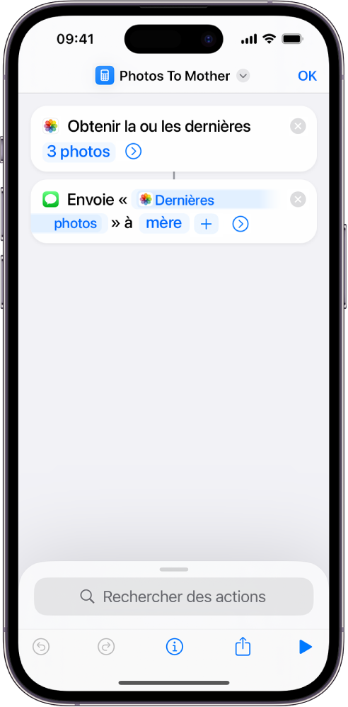 Un raccourci contenant l’action « Obtenir les dernières photos » et l’action « Envoyer le message ».