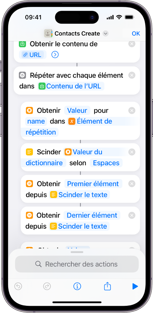 Raccourci affichant les actions « Scinder le texte ».