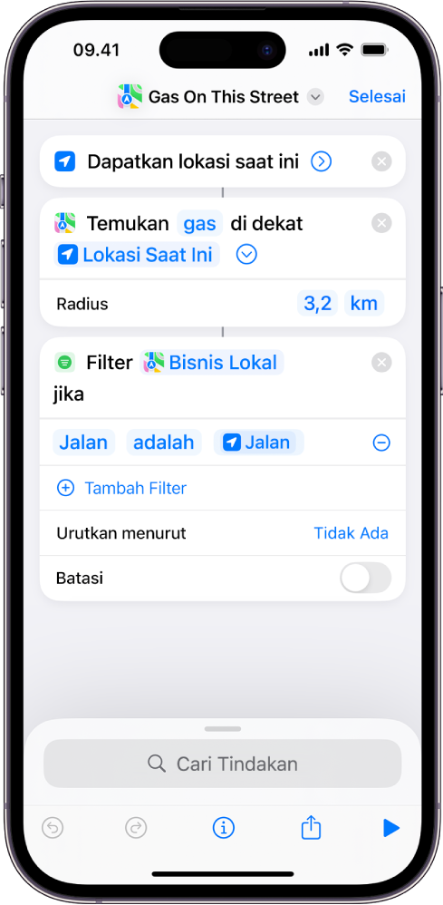 Tindakan Filter Lokasi Tempat di editor pintasan.