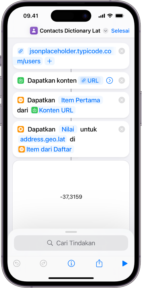 Tindakan Dapatkan Nilai Kamus di editor pintasan dengan kunci yang diatur ke address.geo.lat.