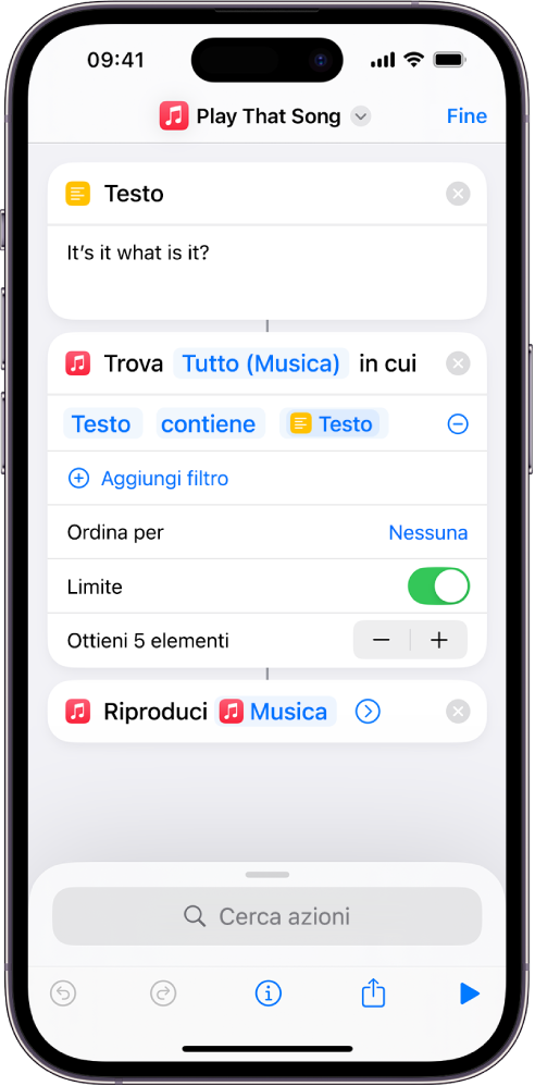 La variabile “Chiedi sempre” sostituisce i parametri di ripetizione nell'azione “Riproduci musica” nell'editor di comandi rapidi.