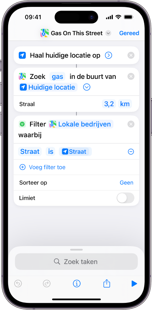 De taak 'Filter locaties waarbij' in de opdrachteneditor.