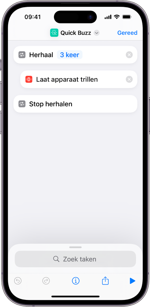 De taak 'Laat apparaat trillen', ingesteld op drie keer herhalen.