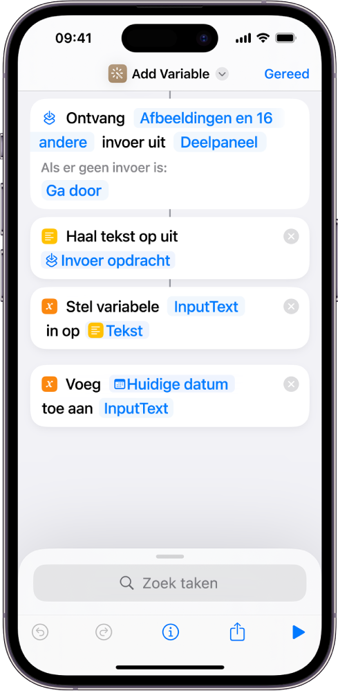 De taken 'Stel variabele in' en 'Voeg toe aan variabele' in de opdrachteneditor.