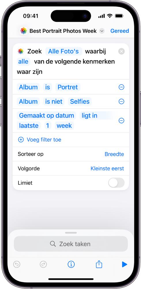 De taak 'Zoek foto's waarbij' in de opdrachteneditor.