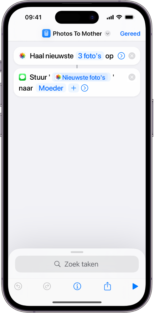 Opdracht met de taak 'Haal nieuwste foto's op' en de taak 'Verstuur bericht'.