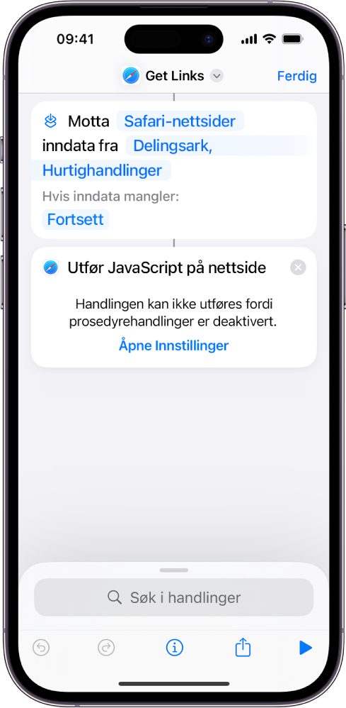 Utfør JavaScript på nettside-handlingen i snarveisredigereren.