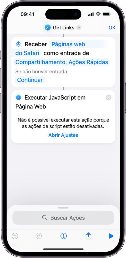 A ação “Executar JavaScript na Página Web” no editor de atalhos.