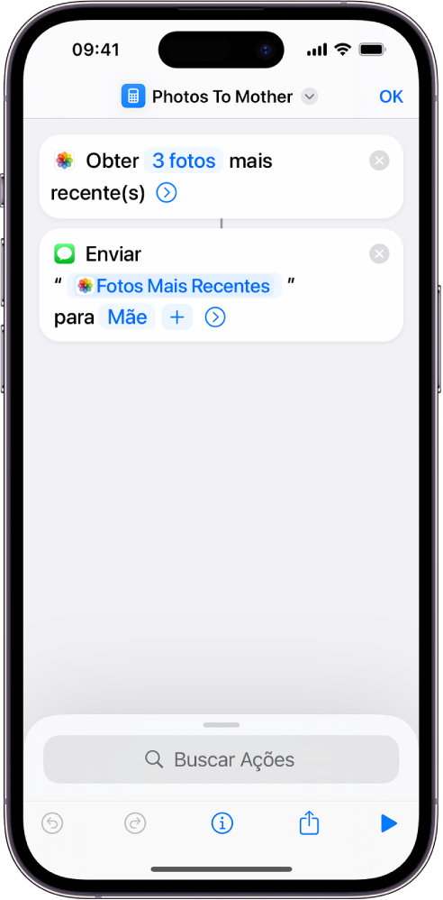 Atalho com uma ação Obter Fotos Mais Recentes e uma ação Enviar Mensagem.