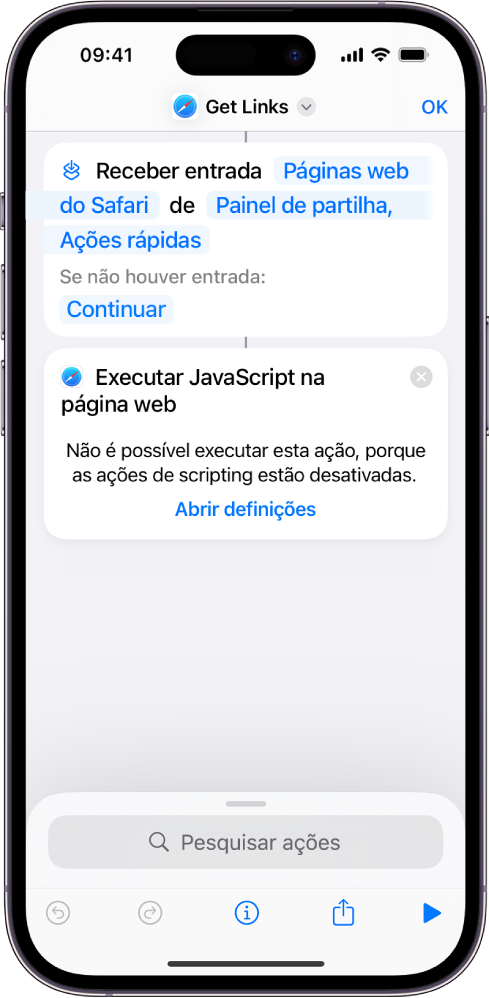 A ação “Executar JavaScript na página web” no editor de atalhos.