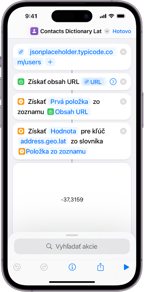 Akcia Získať hodnotu zo slovníka v editore skratiek s kľúčom nastaveným na možnosť „address.geo.lat“.