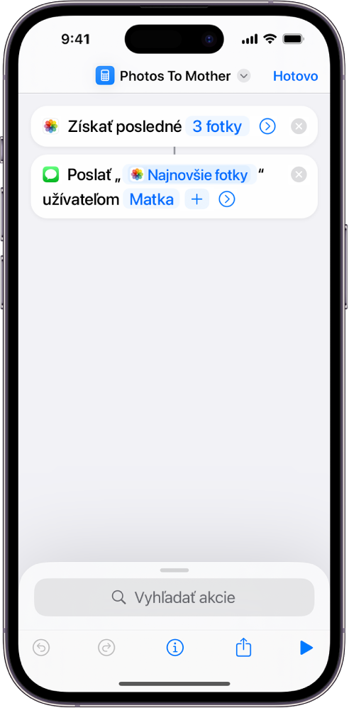 Skratka obsahujúca akciu Získať najnovšie fotky s Odoslať správu.