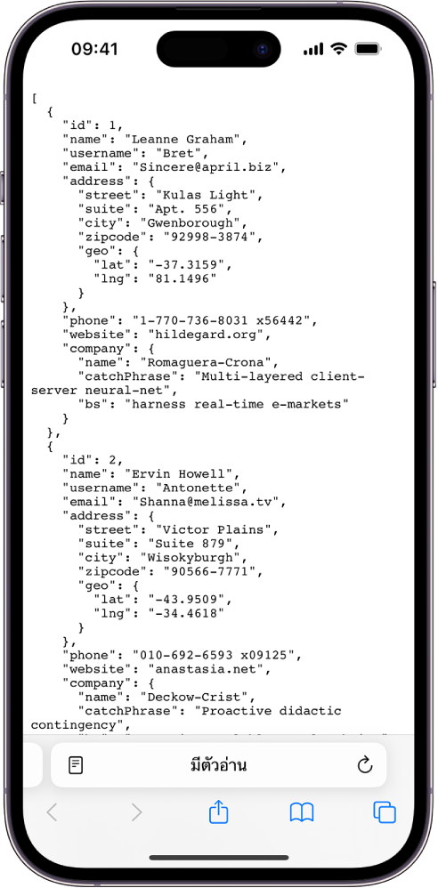 ตัวอย่างข้อมูล JSON