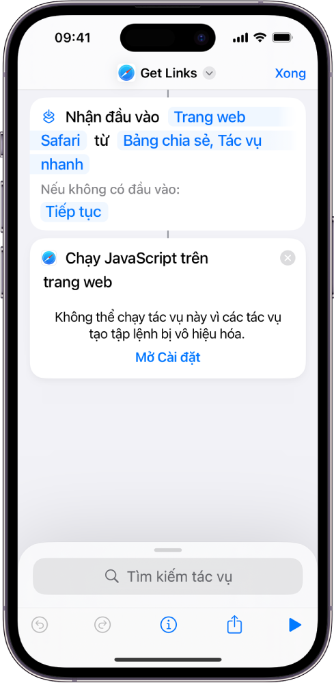 Tác vụ Chạy JavaScript trên trang web trong trình sửa phím tắt.